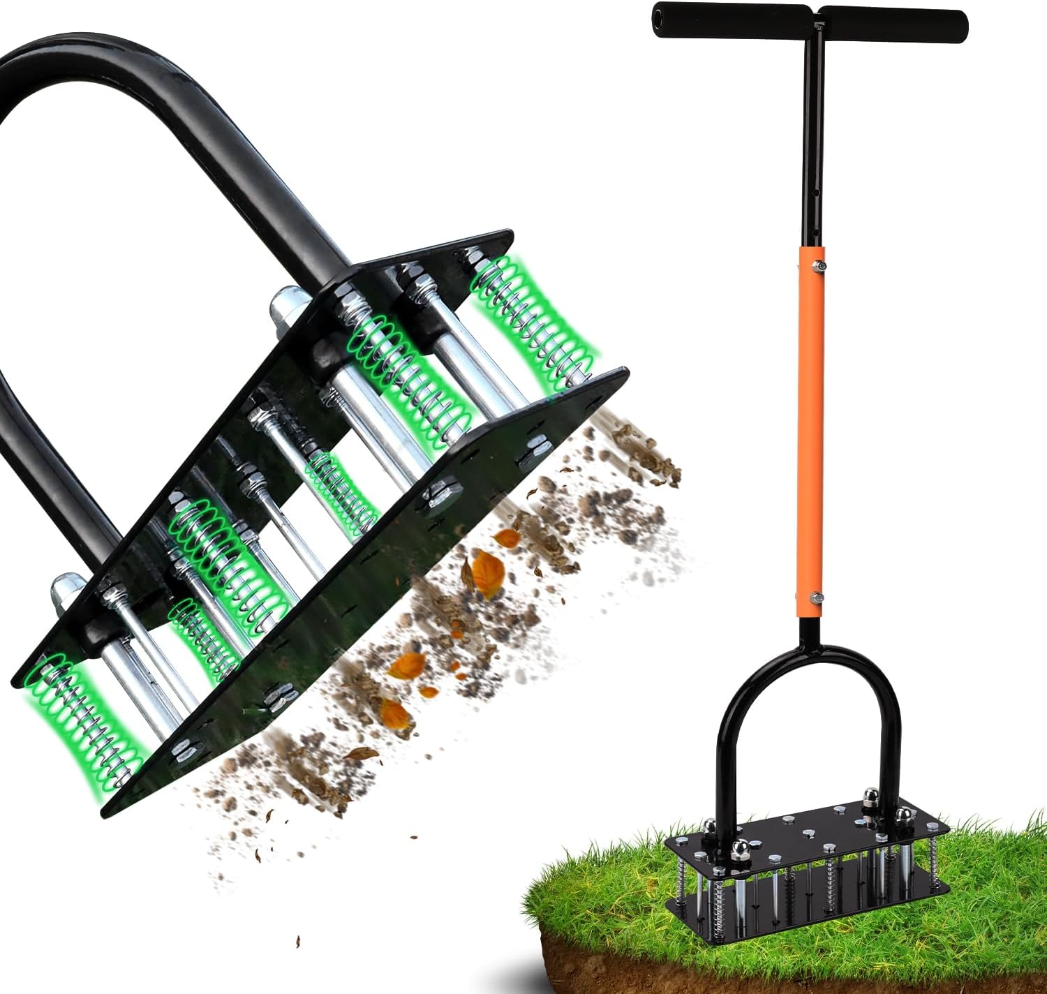 Lawn Aerator, Automatic Dirt and Leaf Clean Design, Heavy Duty Manual Lawn Aerator Tool with 15 Iron Spikes, Height Adjustable, Yard Grass Aerator for Lawn(Black with Orange)