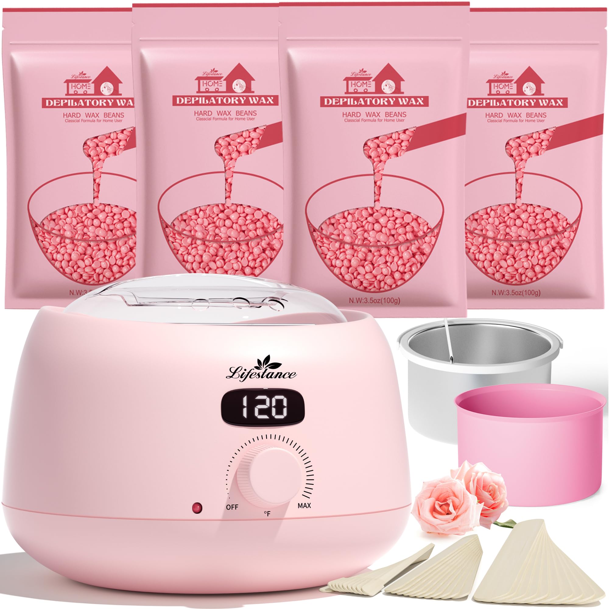 Waxing Set Wax Professional, Wax Machine with 400g Guard Beads, 1 Silicone Bowl, Pink Waxing Wax Warmer with 30 Waxing Sticks for Home Use