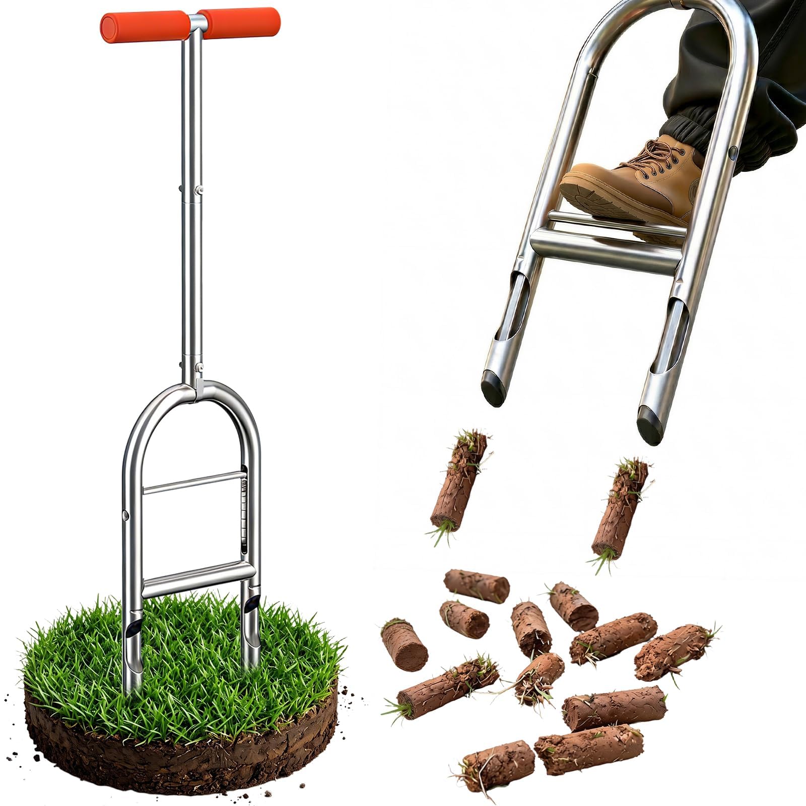 Aireador manual de césped con pinchos de acero para el cuidado del césped, herramienta ergonómica de mango largo