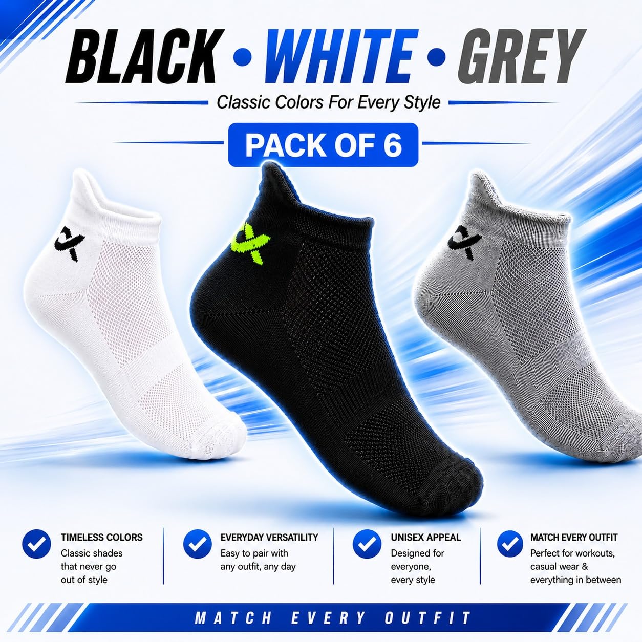 XJARVIS® RIO Unisex Cotton Ankle Socks – Top-Notch Quality, Breathable & Odor-Free Sneaker Socks for Running, Gym, Sports & Daily Use | Athletic Socks | Pack of 6 (Black, White, Grey)