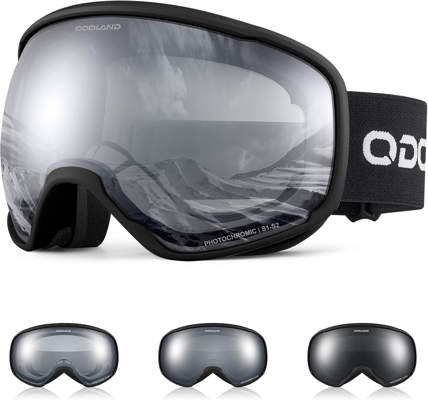 Odoland Photochromic Ski Goggles for Sunny and Cloudy Days, Anti-Fog OTG UV Protection Snowboard Goggles for Men Women Youth