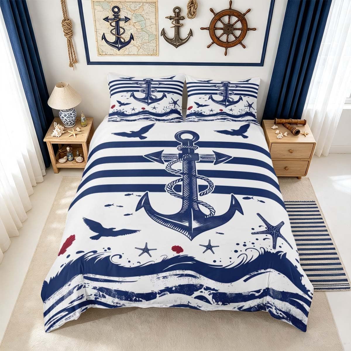 Homemissing Anchor Duvet Cover Cot Size Nautical Bedding Set for Boys Girls Sea Anchor Comforter Cover Marine Bedroom Decor 2Pcs Zipper Closure With 1 Pillowcase (NO COMFORTER)
