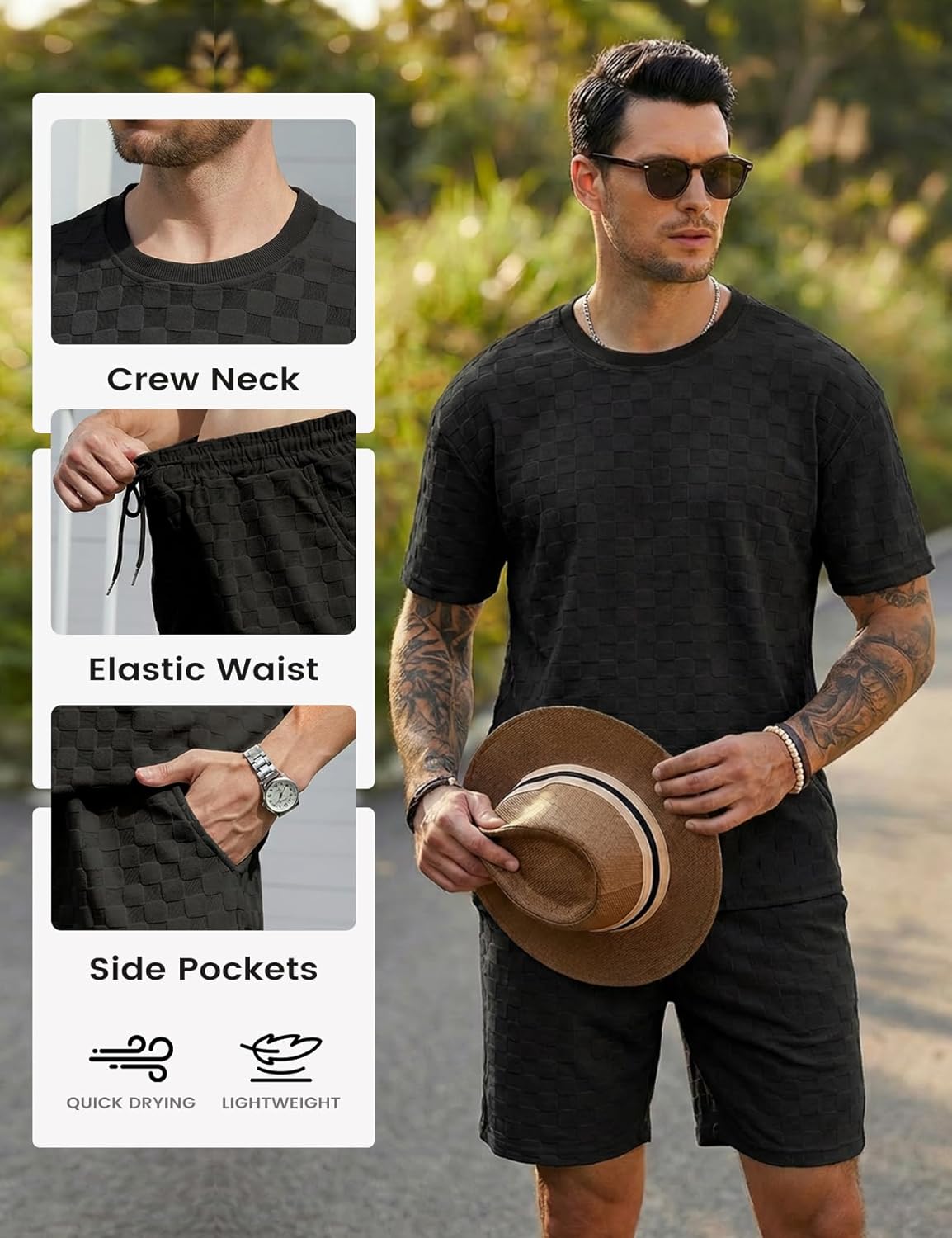 Yimoon Mens 2 Piece Outfits Casual Geometric Texture Short Sleeve Shirt and Shorts Set Summer Tracksuits - Image 4