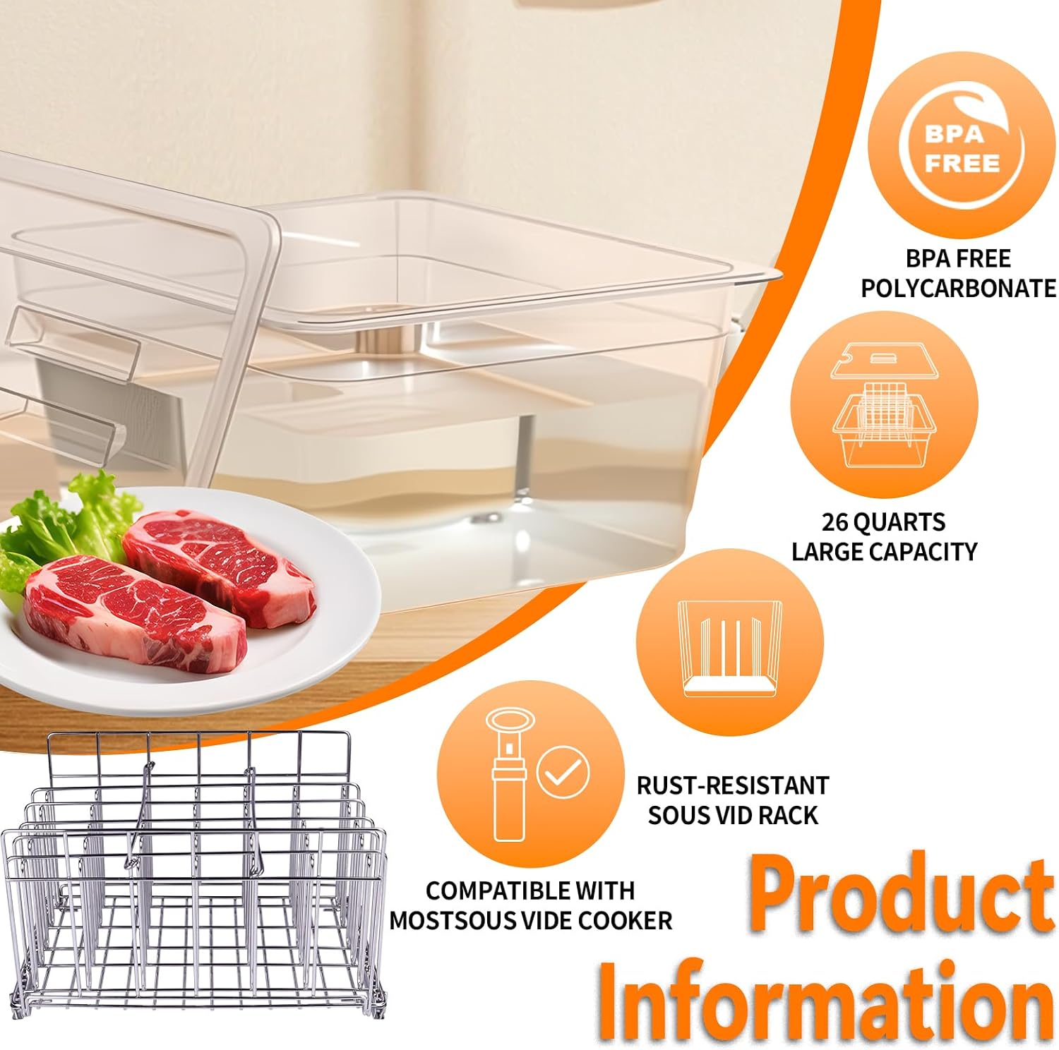 26 Quart Sous Vide Containers with Lid & Rack Compatible with Wancle Anova Nano AN500-US00 Pro 3.0 Mini Joule,most Instant Pot Sous Vide Cooker,BPA Free (Container with lid and rack, 26 QT)