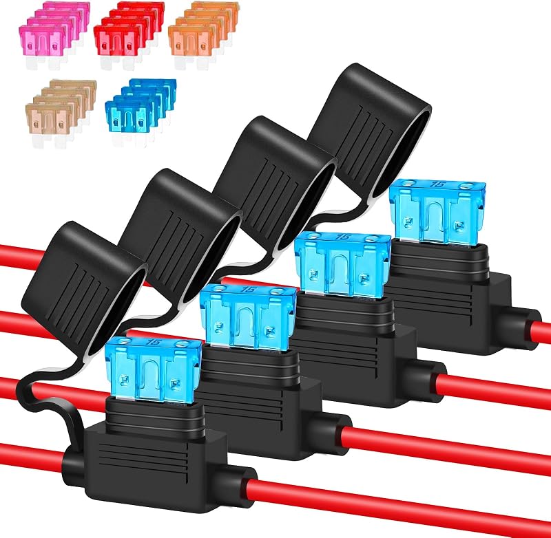 Anyongora 4 Pack 16AWG Waterproof Inline Fuse Holder with 20 ATC/ATO Fuses | Waterproof precision 12V/24V automotive fuse holder kit. Tinned copper wire for dash cam GPS. With 20pcs fuses (3A-15A)