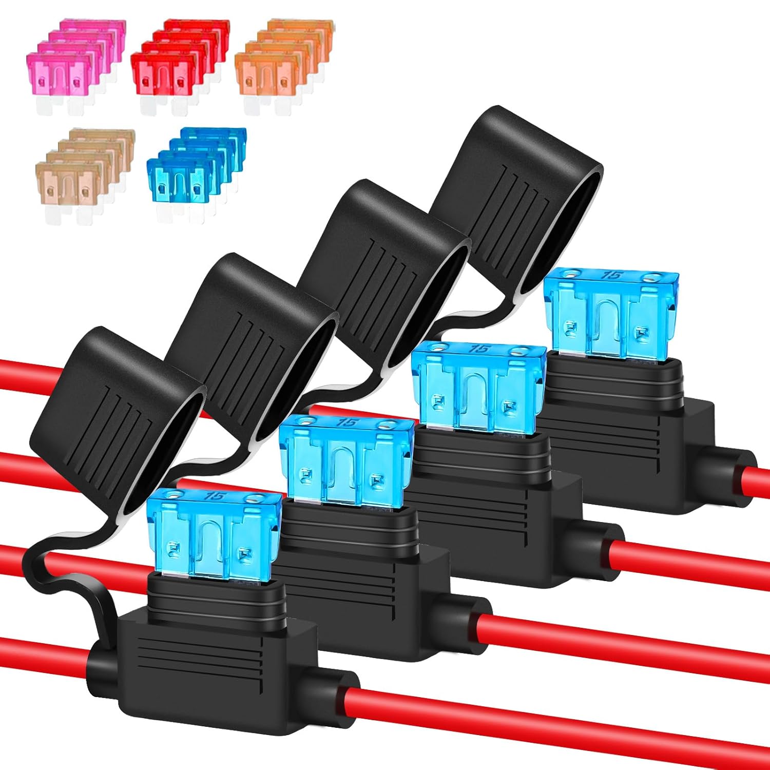 Anyongora 4 Pack 16AWG Inline Fuse Holder, Waterproof Precision 12V/24V Automotive Fuse Holder Kit with 20pcs ATC/ATO Fuses (3A-15A), Tinned Copper Wire for Dash Cam GPS