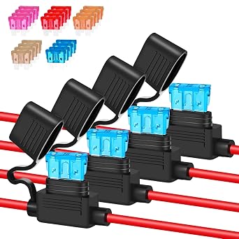 Anyongora 4 Pack 16AWG Waterproof Inline Fuse Holder with 20 ATC/ATO Fuses | Waterproof precision 12V/24V automotive fuse holder kit. Tinned copper wire for dash cam GPS. With 20pcs fuses 3A-15A