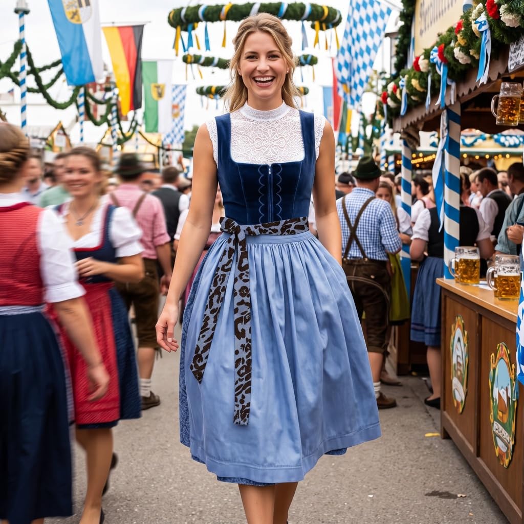 Dirndl Damen Midi Trachtenkleid aus Samt Oktoberfest Dirndlkleid mit Schürze Bayerisches Volksfest Dirndl Kleid Elegant Samtdirndl Große Größen Hoher Taille Trachtenkleid Festliche Trachtenmode