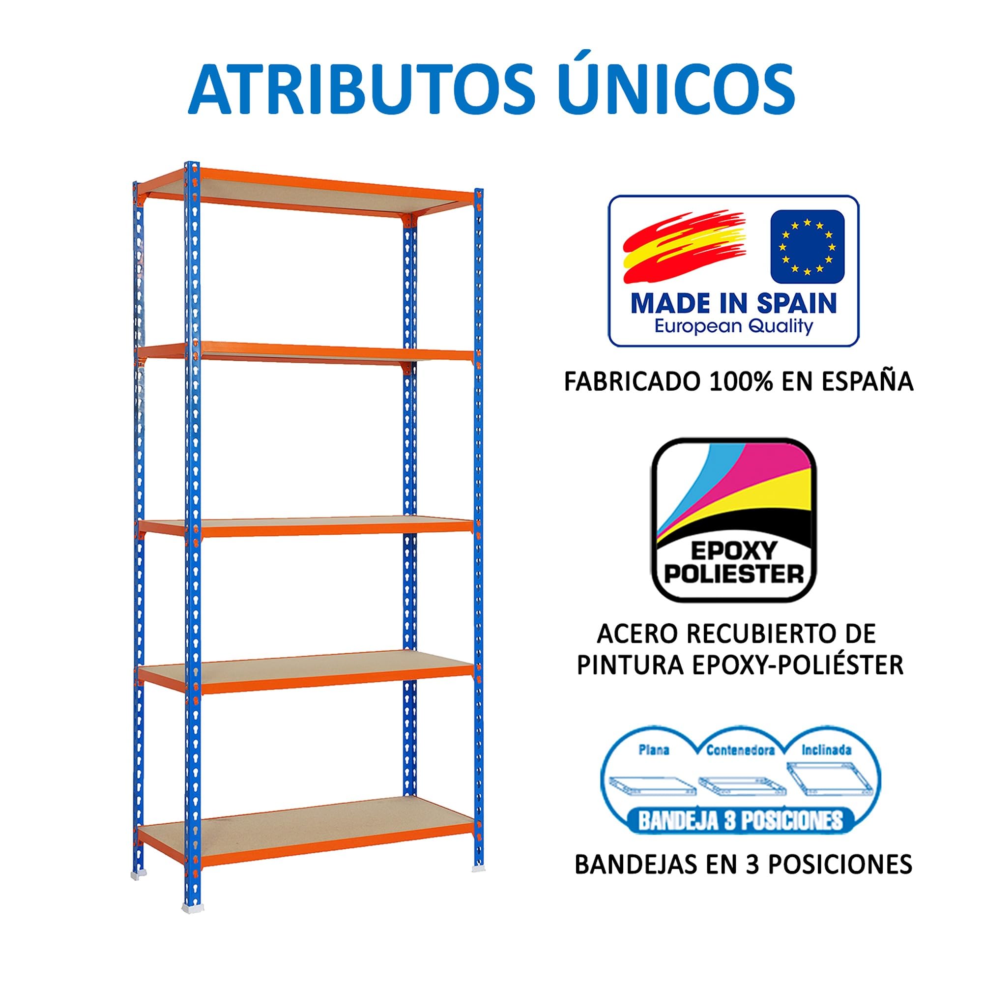 SimonRack Estanteria Metalica, 5 Baldas Madera Ajustables, 200 kg de Punto Flexión, 2000x1200x500 mm, Estantería Almacenaje, Sin tornillos, Azul/Naranja/Madera - Maderclick | 5 Alturas, Bandeja Madera, 200 kg de Punto Flexión, Azul/Naranja , Pintura antic