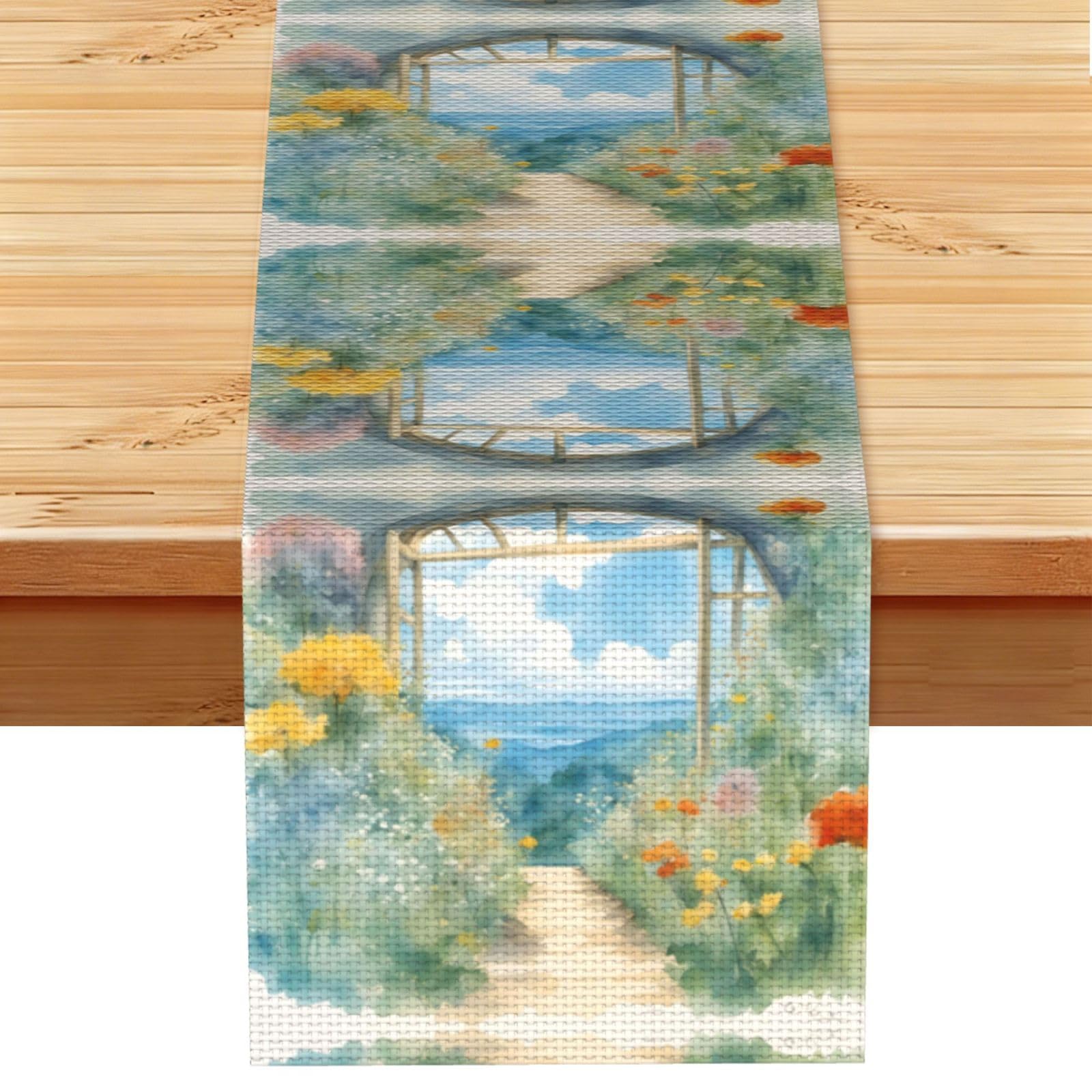 Watercolors Printed Kitchen Table Runner 13x72, Faux Linen Style Decor for Home Wedding Banquet Fireplace