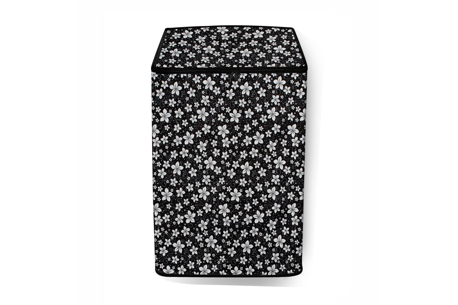 Waterproof and Dustproof PVC Washing Machine Cover Compatible for Voltas Beko 10 Kg Fully-Automatic Top Loading WTL1006UEA, Floral Pattern White Black