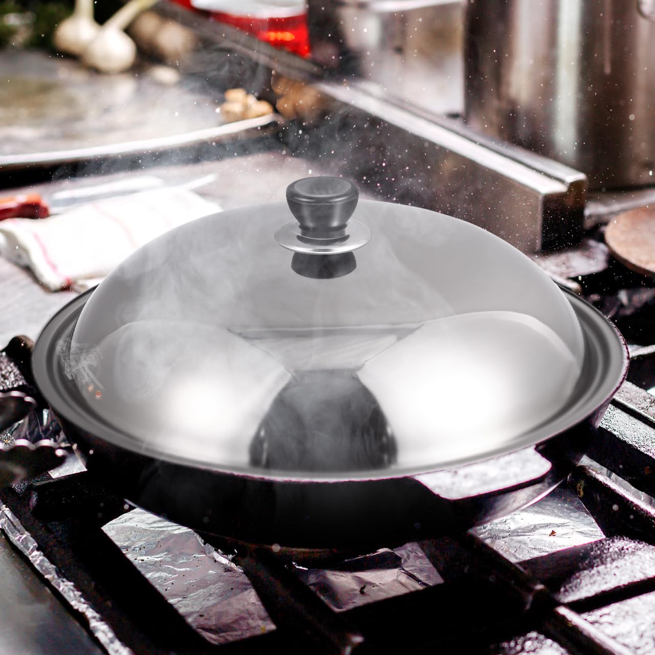 CALLARON Cubierta universal para ollas, tapa de vapor, tapa universal, tapa de olla de 14 pulgadas, tapa para sartén, tapas de wok, tapa de sartén plateada, tapa de olla de cúpula de tocino,