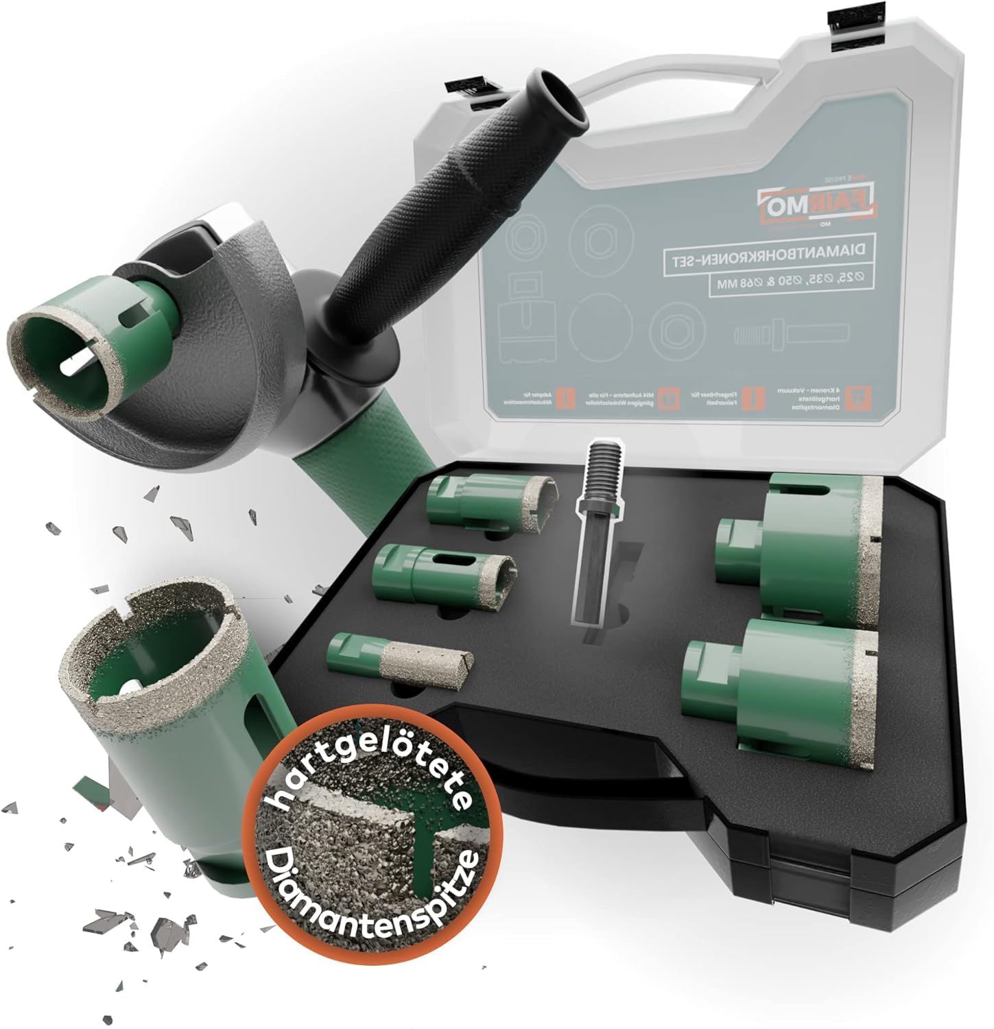 Das exklusive Diamantbohrer Set von Fairmo (5 Teile inkl. M14 Adapter) - Diamantbohrkronen Fliesenbohrer Set 68mm, 50mm, 35mm, 25mm, 20mm - Bohrkrone für harte Fliesen, Keramik, Beton, Feinsteinzeug