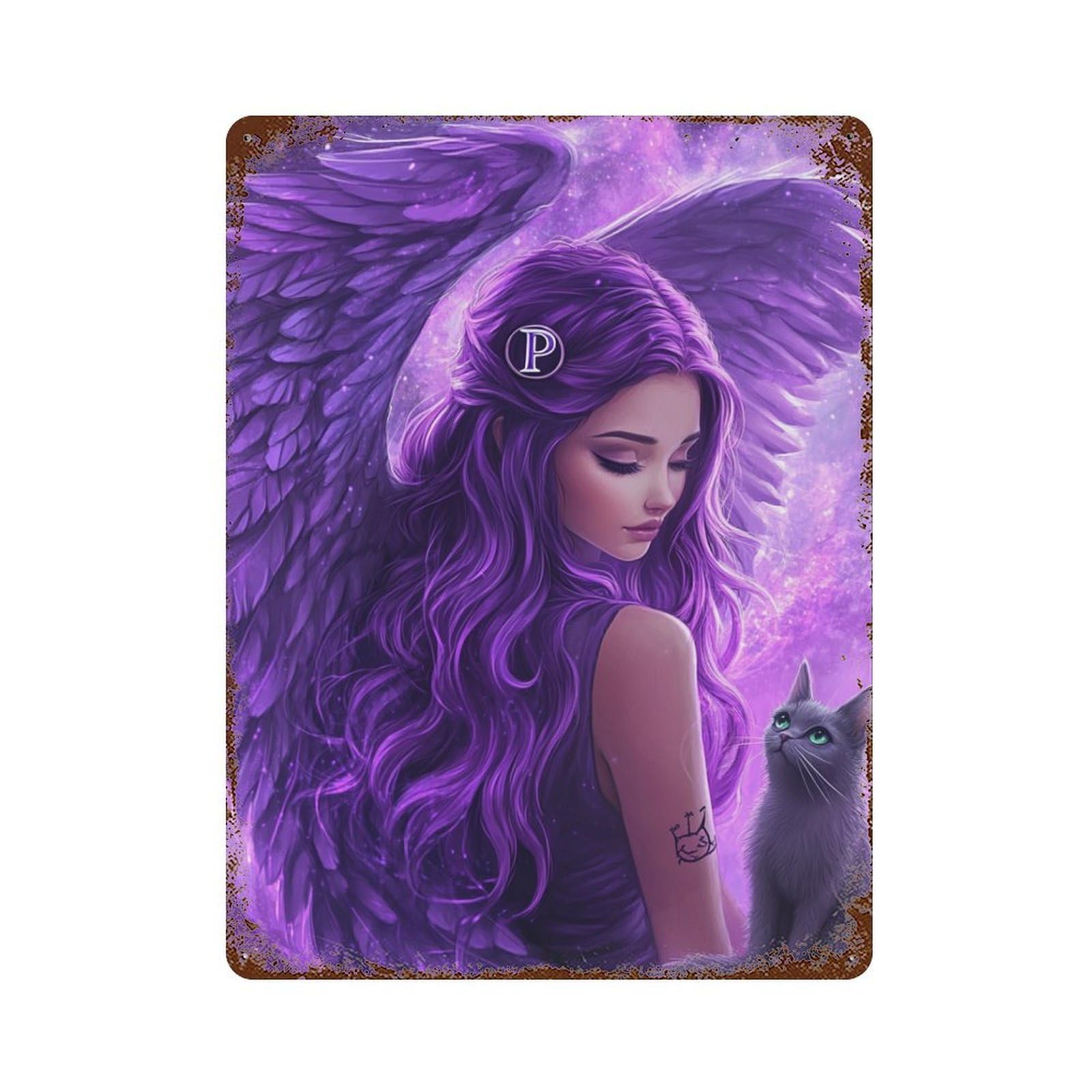 Rust Effect Purple Angel Wings Fantasy Artwork-1 Rusty Metal Tin Sign 15.7"x11.8", Shabby Chic Decor for Garage, Bar And Workshop Decor