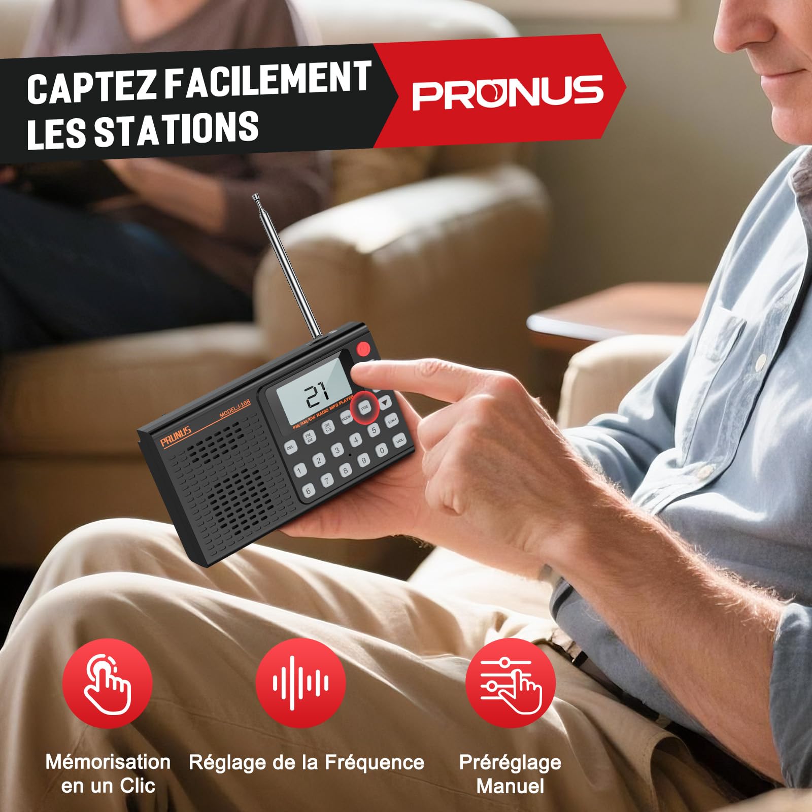 PRUNUS J-168 Petite Radio Numérique, Mini Radio Portable Rechargeable 2000 mAh, 99 Préréglages, Réveil, Bluetooth