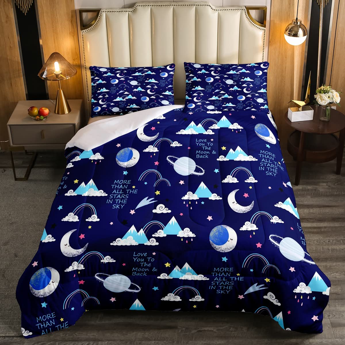 Blue Galaxy Space Bedding Set Outer Space for Kids Boys Girls Universe Planet Starry Sky Breathable Moon Rainbow Moutain Duvet Insert King Size