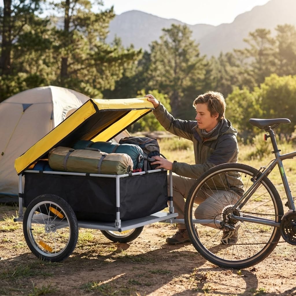 Outdoor Storage Trailer Bike Cargo Trailer Bike Trailer Cargo Bicycle Cargo Trailer, Two-Wheel Bike Luggage Wagon with Removable Cover, Heavy-Duty Steel Frame and Weather- Canopy
