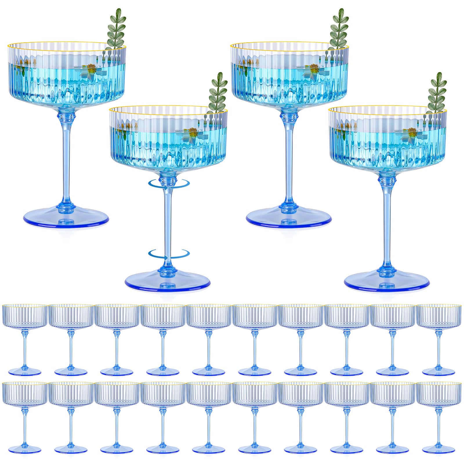 24 PCS Plastic Champagne Coupe Cup Ocean Blue Ribbed Coupe Glasses 10oz Detachable Gold Rim Espresso Martini Glass Vintage Margarita Glassware Cocktail Glass Set for Baby Shower Hanukkah
