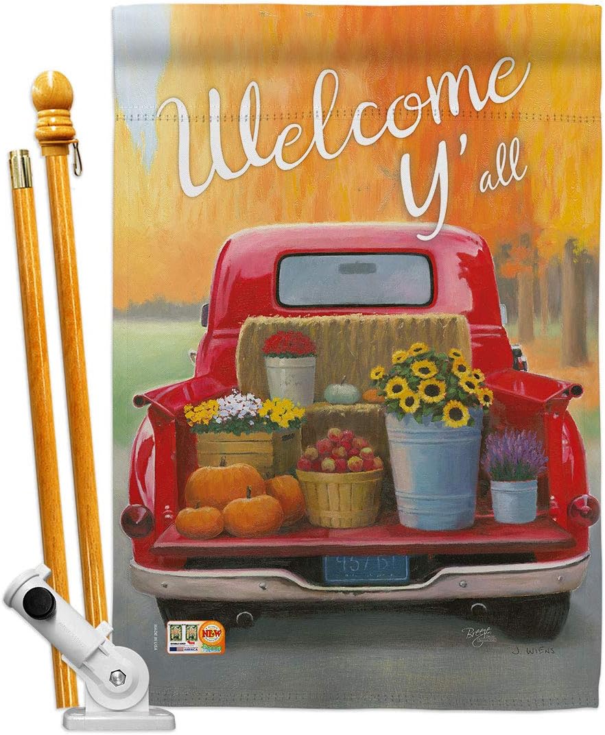 Welcome Harvest Truck Garden Flag - Pack Fall & Autumn Scarecrow Pumkins Sunflower Leaves Season Autumntime Gathering USA Applique - House Banner Small Yard Gift Double-Sided Made In 13 X 18.5