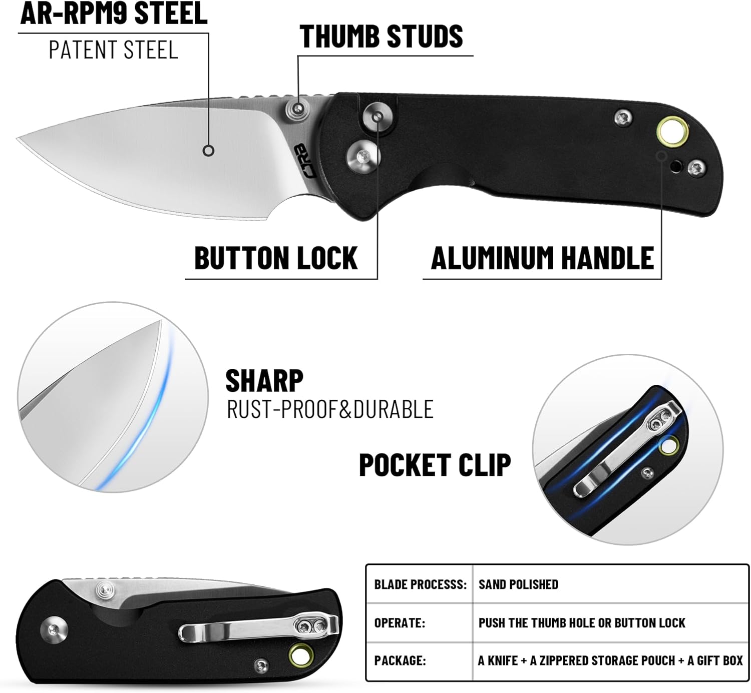 CJRB CUTLERY Pocket Knife for EDC Mica (J1934) Thumb Studs Folding Knife with 2.36" AR-RPM9 Steel Blade and Black Aluminum Handle,Ideal for Outdoor Hunting Camping