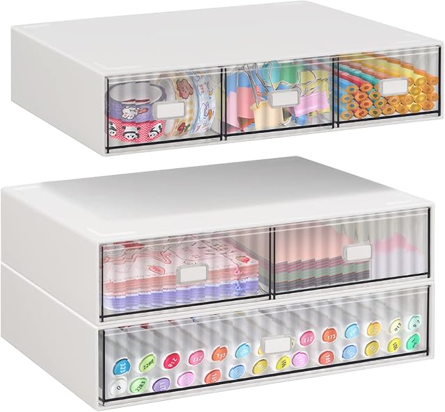 VASZOLA Stackable Desk Organizer with 6 Drawers, 3 Tier Plastic Desk Storage Box Desktop Drawers, Detachable Makeup Storage Office Stationery Supplies Organizer for Desk Office School Home
