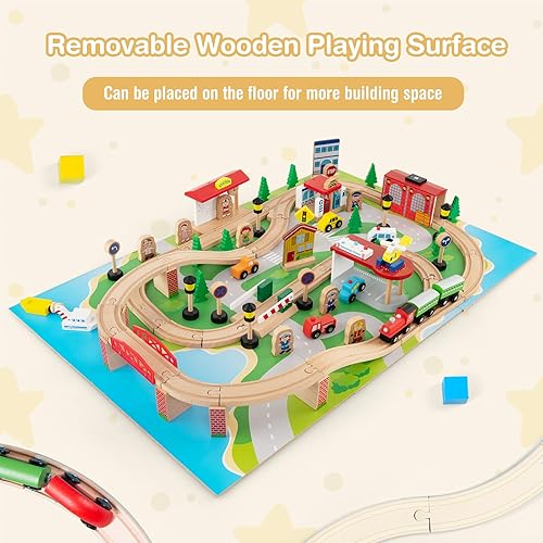 Miniatura 7 de INFANS Train Table with Storage, 84 Pieces Wooden Kids Activity Toy Table Playset with Reversible Detachable Tabletop, Tracks, Train, Railway, City