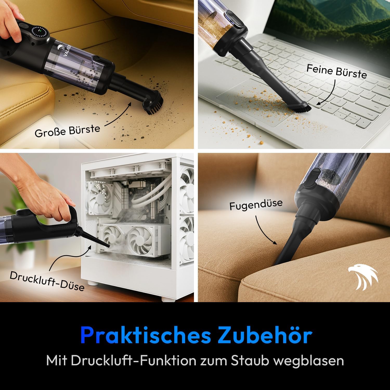 VALKER® Handstaubsauger Akku [TESTSIEGER] Starke Saugleistung 80000 RPM | Druckluft Funktion 2-in-1 | Waschbarer HEPA-Filter | Handsauger Kabellos für Auto & Zuhause | Mastergrip