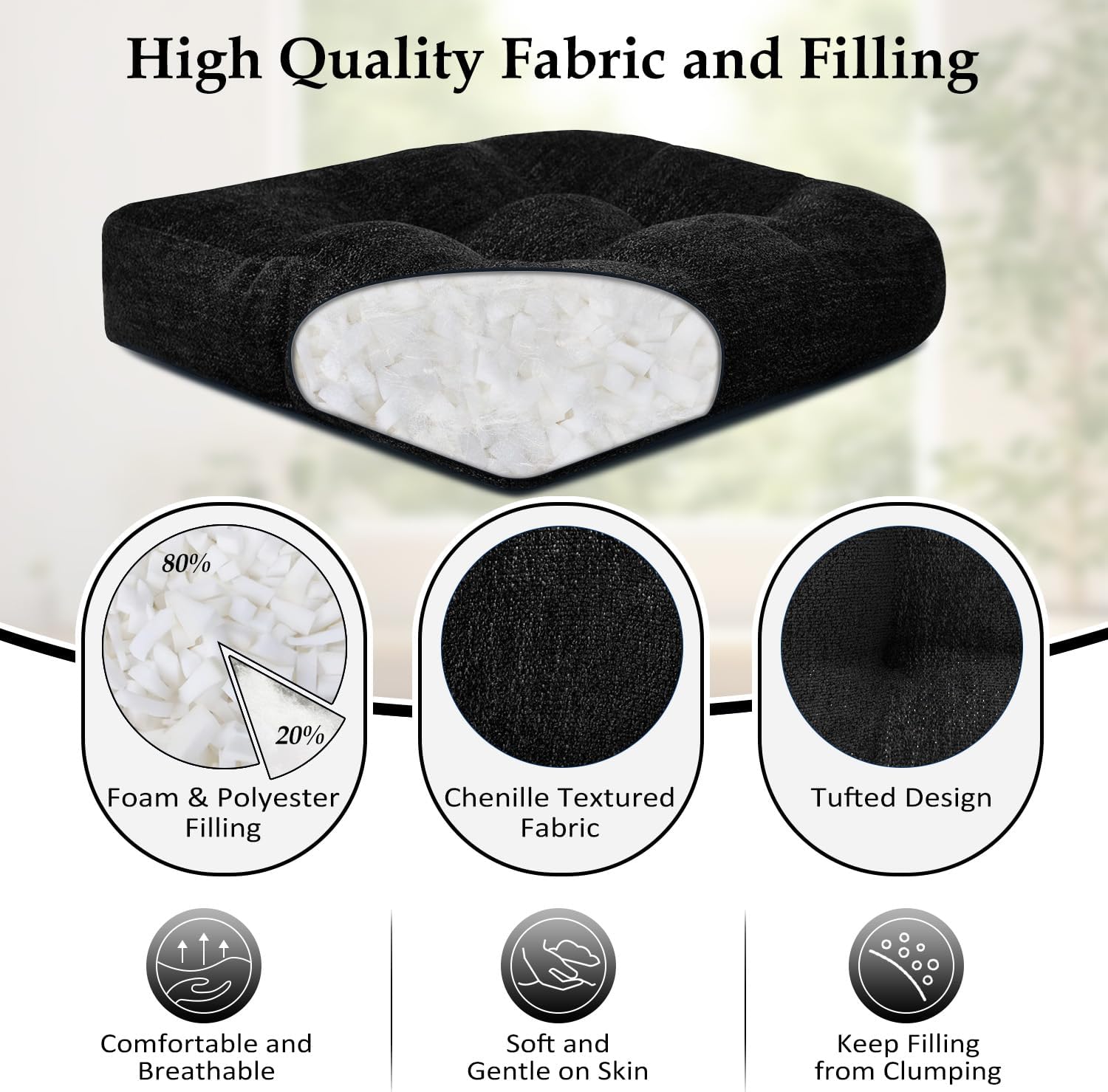 downluxe chair cushions for dining chairs 4 pack, tufted indoor chair pads with non-slip bottom, u-shaped kitchen chair cushions, 17"x17"x4", black black 4 count (pack of 1)