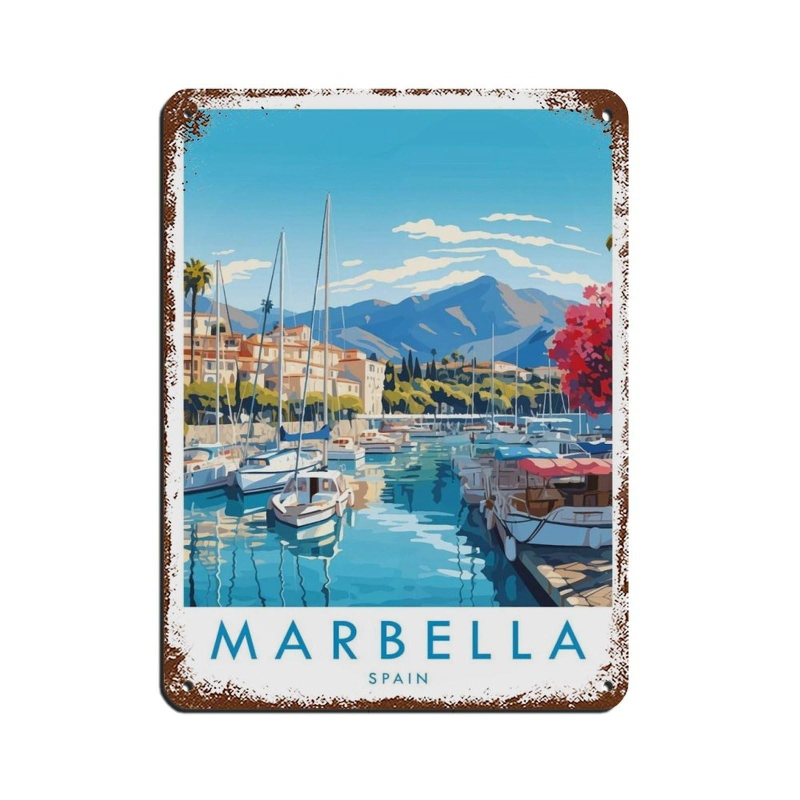Marbella Travel Poster, Spain (15) Tin Sign Vintage Metal Pub Club Cafe Bar Home Wall Art Decoration Poster Retro 12x16inch(30x40cm)
