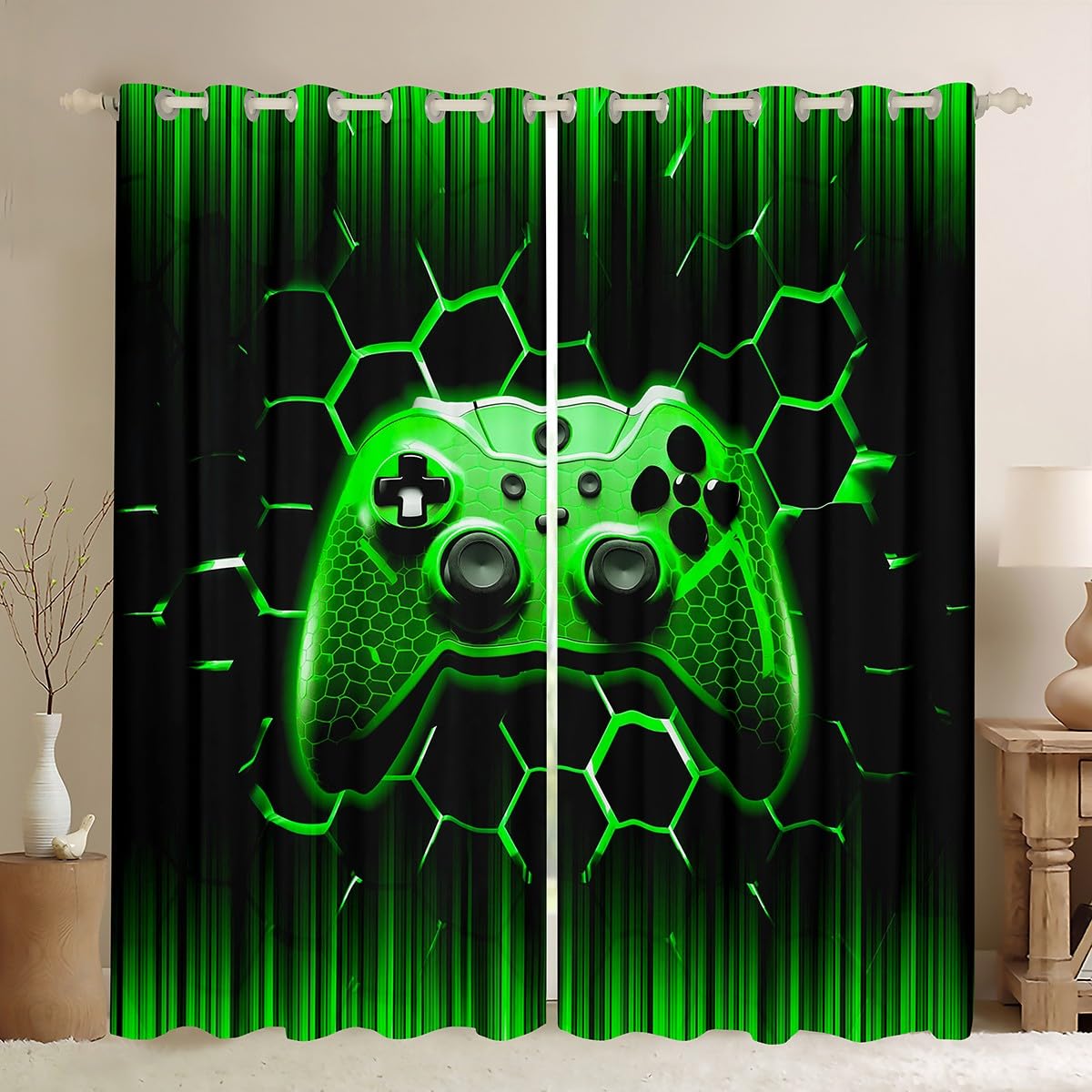Rideaux de fenêtre jeux vidéo motif nid d'abeille vert de qualité supérieure