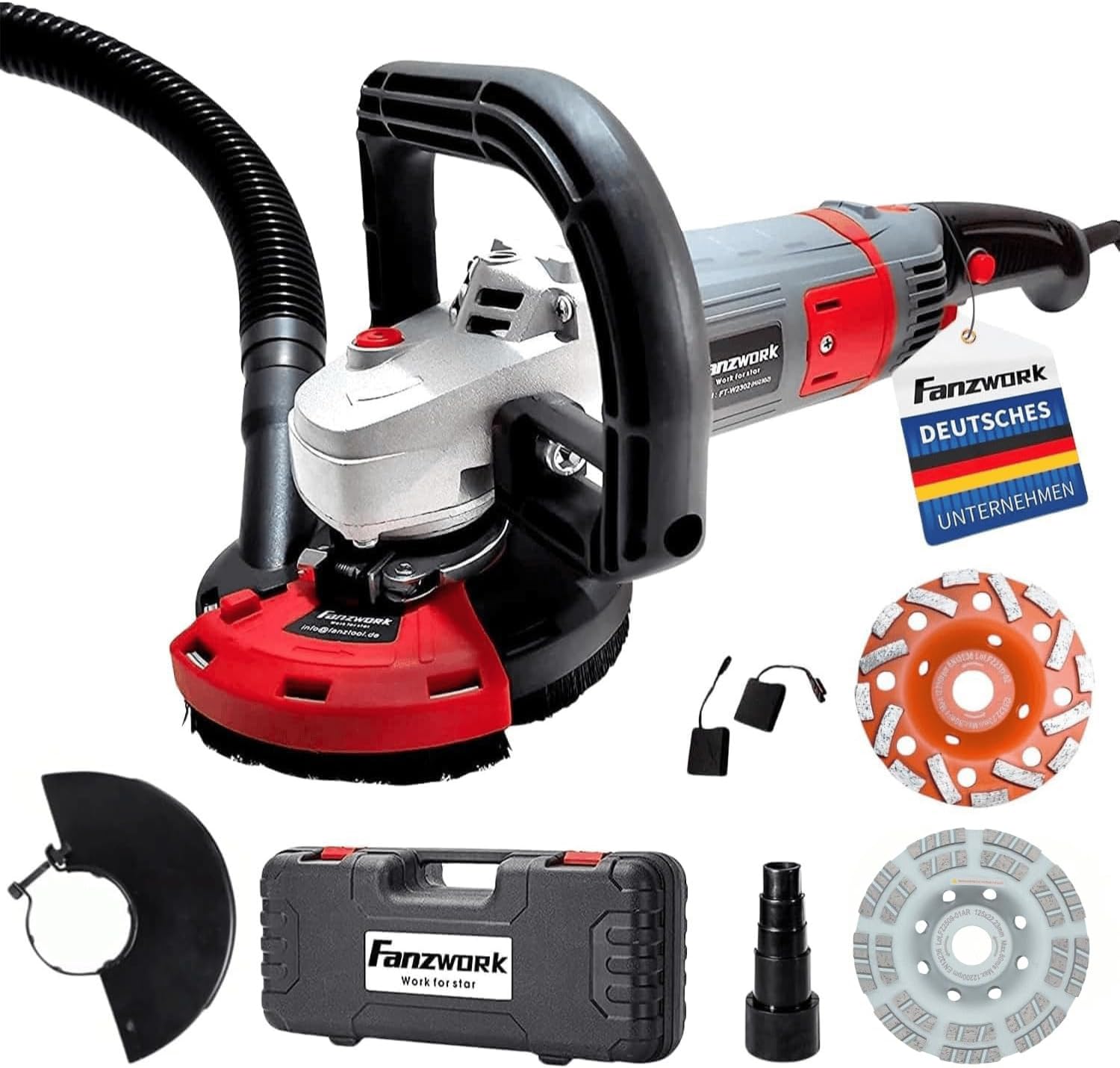 FANZWORK Betonschleifer Betonfräse Set mit Diamantschleiftopf (1500W/125mm) | mit Drehzahlregelung, Tragbox, Absaughaube und Diamantschleiftopf *2, für Beton, Estrich,Stein & Fliesenkleber