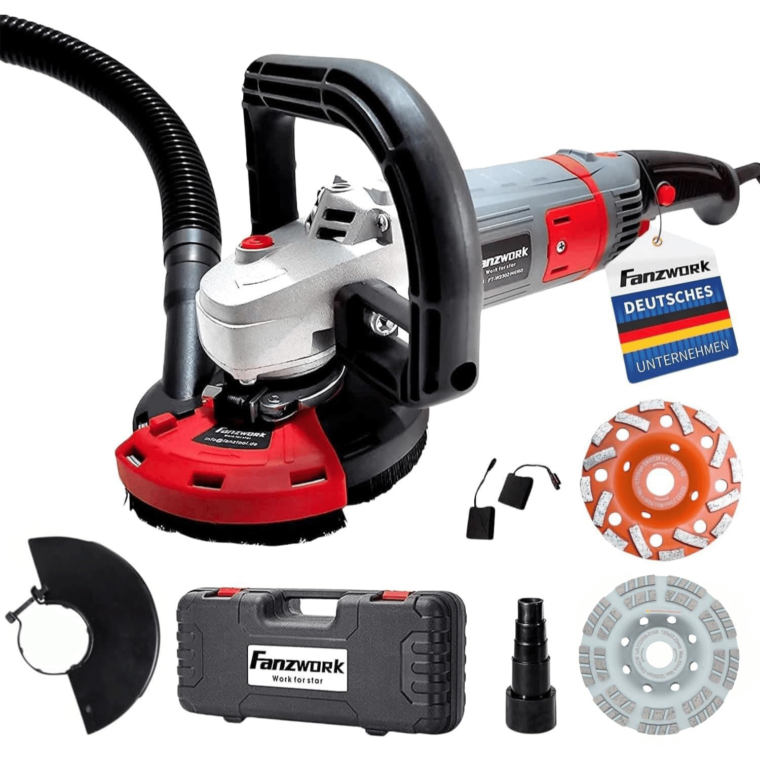 FANZWORK Betonschleifer Betonfräse Sanierungsfräse Set mit Diamantschleiftopf und Absaughaube, mit Drehzahlregelung (1500W/125mm+)