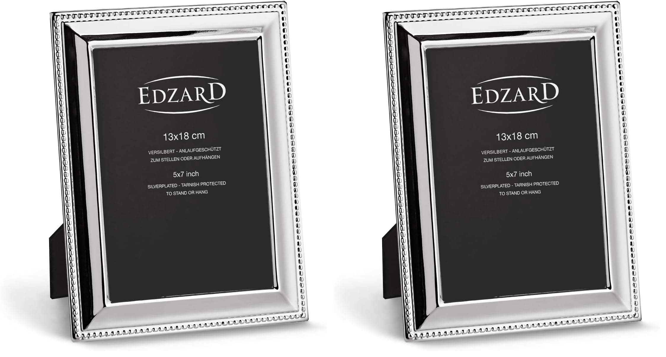 EDZARD Bilderrahmen Perla für Foto 13 x 18 cm, edel versilbert, anlaufgeschützt, mit Samtrücken, inkl. 2 Aufhängern, Fotorahmen zum Stellen und Hängen (Packung mit 2)