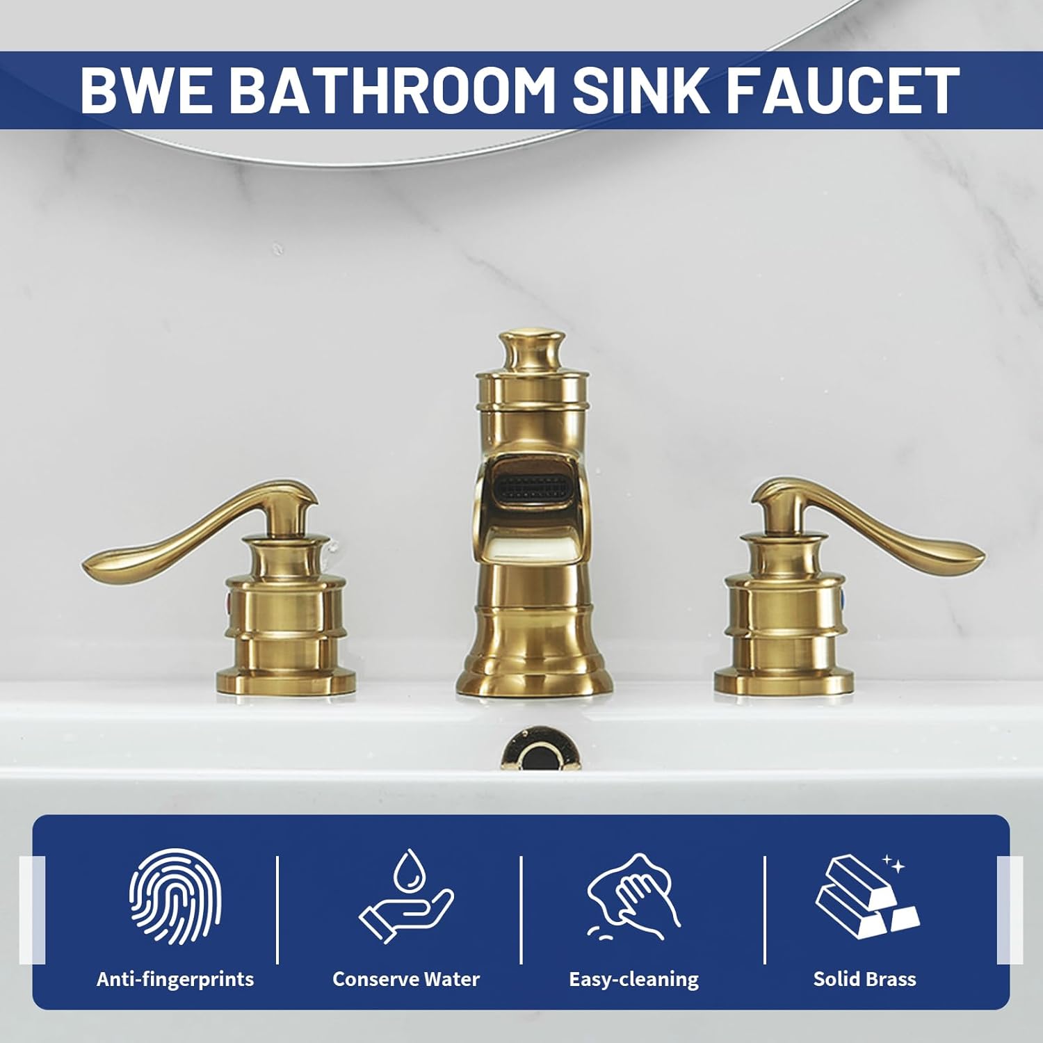 BWE Widespread Bathroom Faucet 3 Hole Brushed Gold Bathroom Sink Faucet 8 Inch Two Handles Vanity Faucet with Pop Up Drain Assembly and Supply Hose