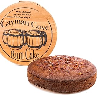 Adam Matthews Baking, Cayman Cove Barrel Rum Cake, Buttery, Moist, Brown Sugar Cake made with Barrel Aged Spiced Rum, Nutmeg, Vanilla, Pecans (10oz, Wood Barrel Container/Box Included)
