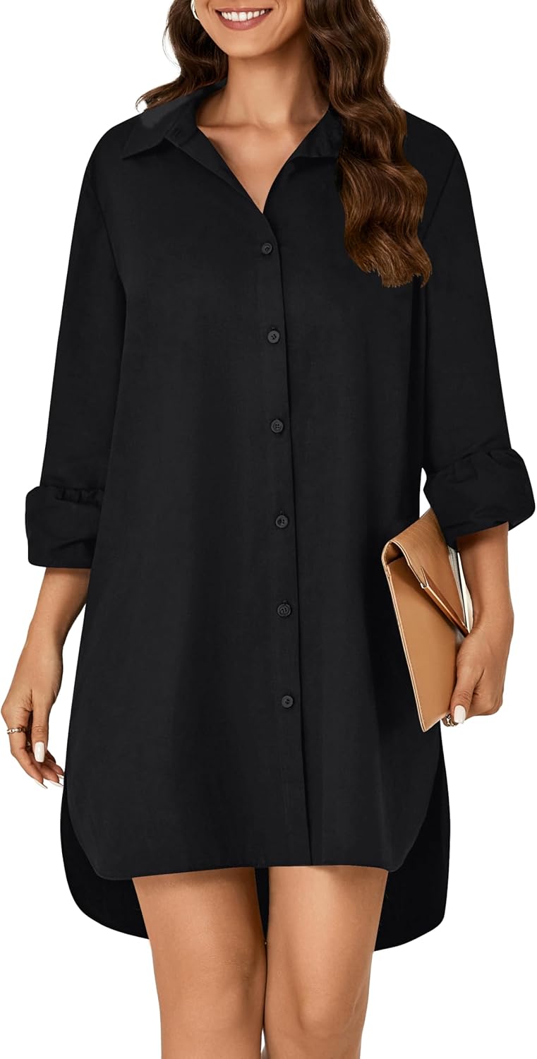 Vrtige Women's Casual Collar V Neck Button Down Long Sleeve Tunic Mini Short Shirt Dress with Pockets - Image 3