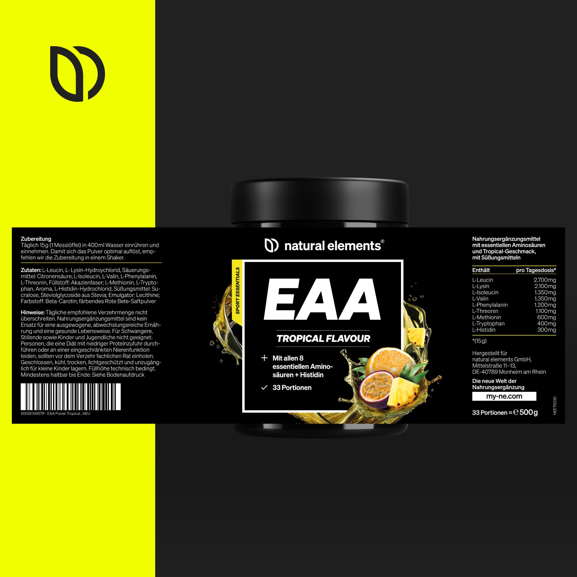 EAA Pulver – 500g – Tropical Flavour – alle 8 essenziellen Aminosäuren + Histidin – zur Zubereitung von Sport-Drinks – vegan, zuckerfrei* – in Deutschland entwickelt & laborgeprüft