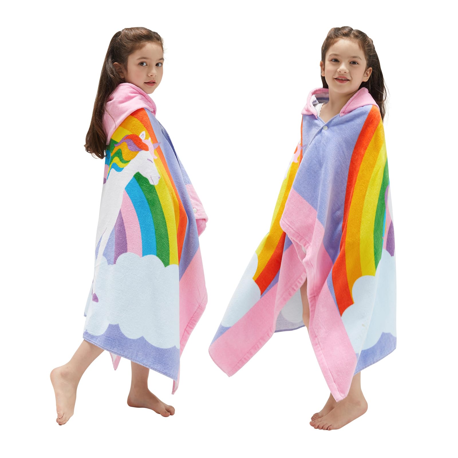 BANGSAUR Kids Hooded Beach Towels, 100% Cotton 50x30 inches Bath Pool Swiming Towel Wrap, Toddlers Girls 3-12 Years Coverup Rainbow Unicorn N