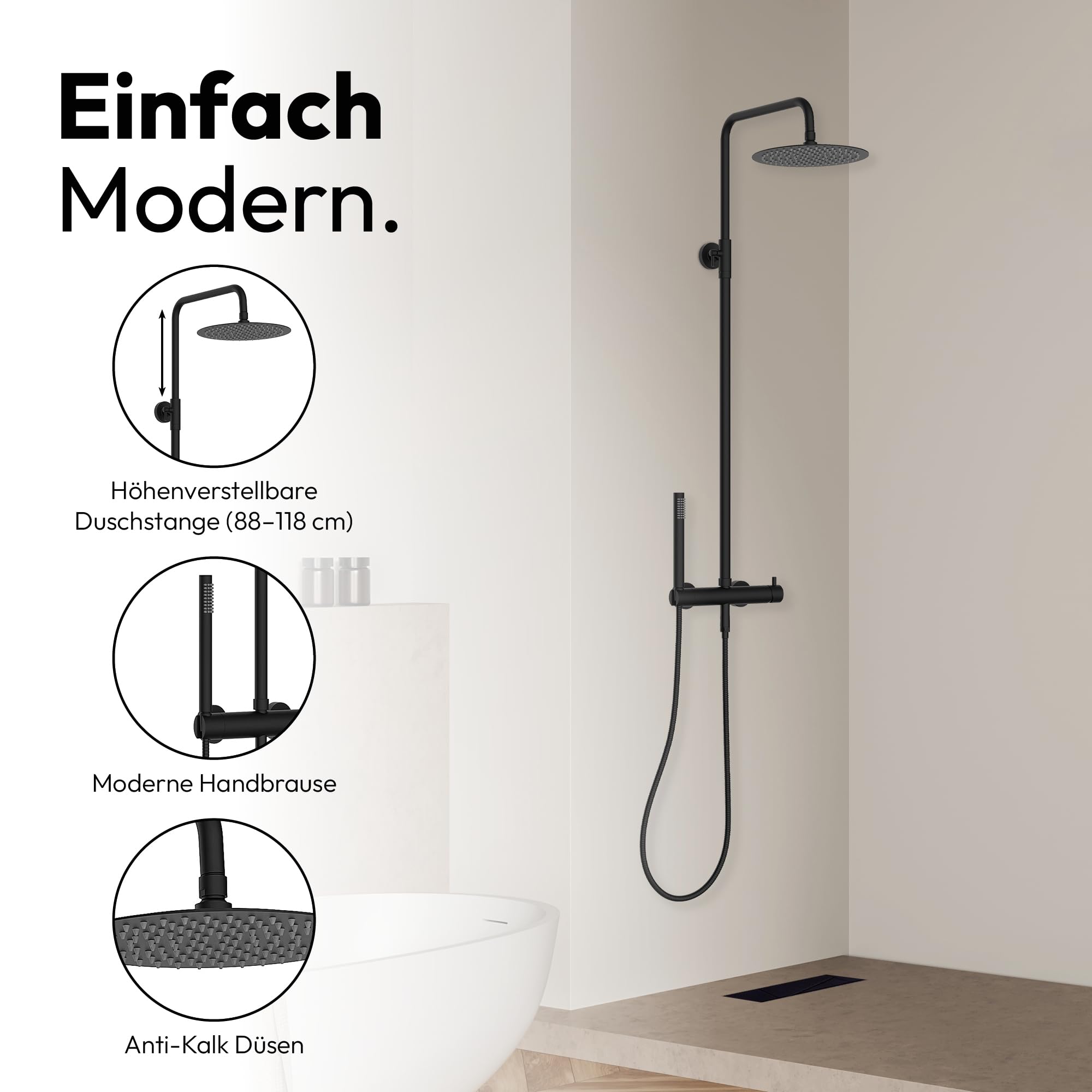Marwell Juego de ducha Classico, color negro, 88-118 x 20 cm, barra de ducha ajustable, ducha de lluvia, ducha de mano con manguera