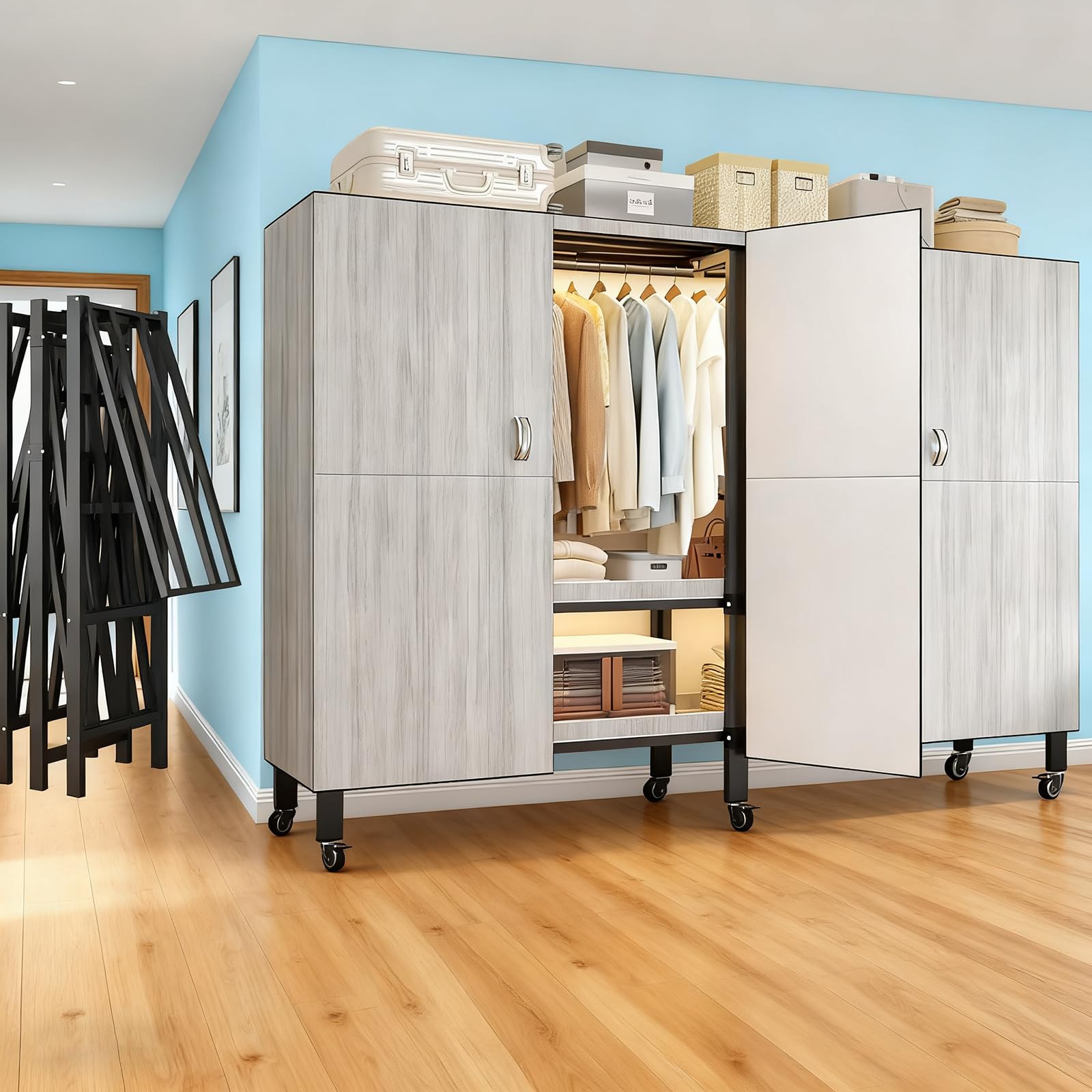 Foldable Portable Armoire Wardrobe Closet for Hanging Clothes Rack, Heavy Duty Covered Clothes Rack with Cover(HARDBOARD Magnetic), Closet Garment