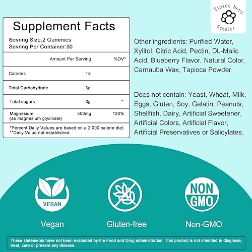 Miniatura 2 de Glicinato de magnesio 500 mg, sin azúcar para adultos y niños, las mejores gomitas de magnesio para dormir, alivio del estrés y músculos y salud