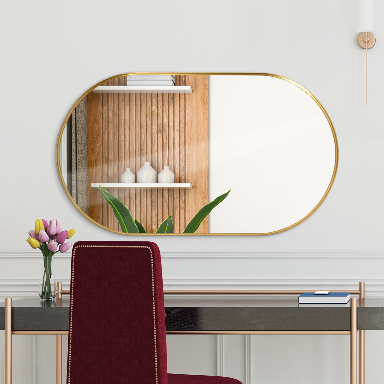 BEAUTYPEAK Specchio Da Parete Ovale 51x91 Cm – Cornice Profonda In Alluminio Oro, Per Bagno, Corridoio, Soggiorno, Design Moderno - 3