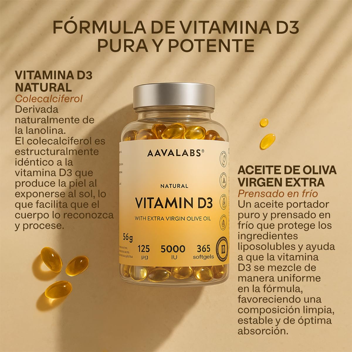 Vitamina D3 Natural [5000 UI] Depot - Altamente Concentrada - con Aceite de Oliva Extra Virgen para una Absorción Óptima - Favorece la Función Ósea e Inmunológica - Complemento Alimenticio - 365 Cáps