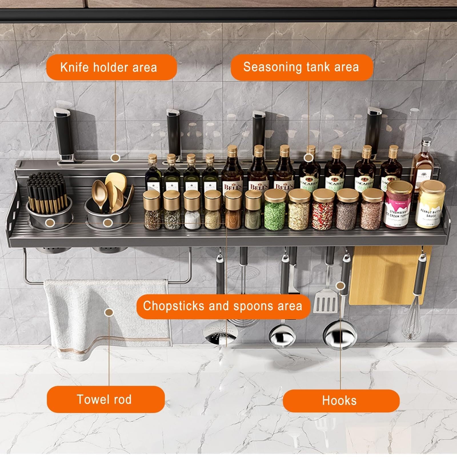 Portaspezie da parete nero, 70 cm, organizer da cucina per spezie, erbe e condimenti, soluzione salvaspazio per chef domestici