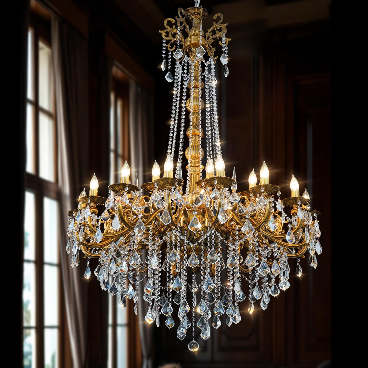 24-Light Antique Gold Crystal Chandelier Extra Large Luxury Candle Chandelier Lighting Fixture for High Ceiling Foyer Grand Entryway