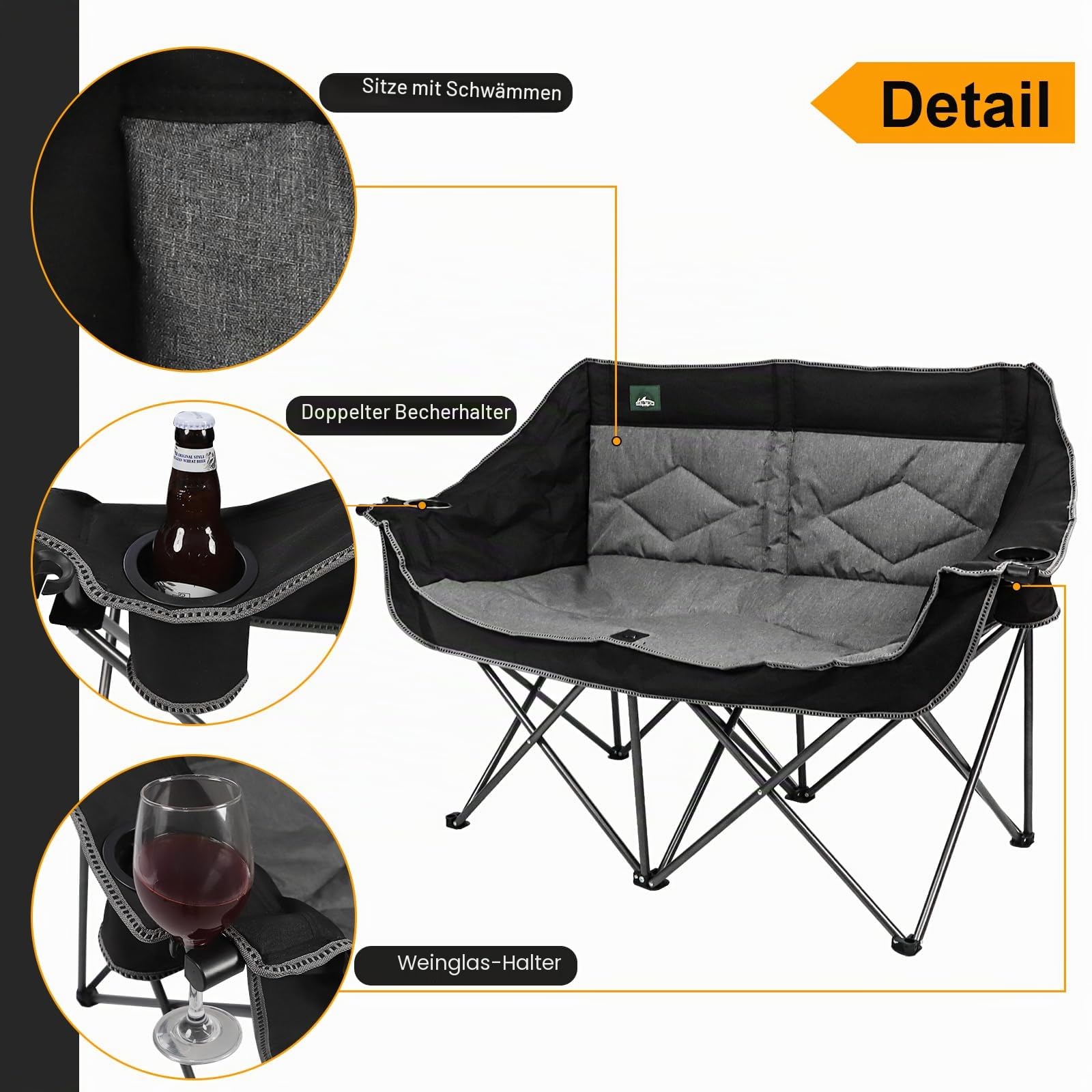 Northroad Folding Loveseat Camping Stuhl Portable Double Duo voll gepolsterte Gartenstuhl für 2 Personen Sofa w/2 Cup Holder, Weinglas Halter für Picknick Strand Reisen