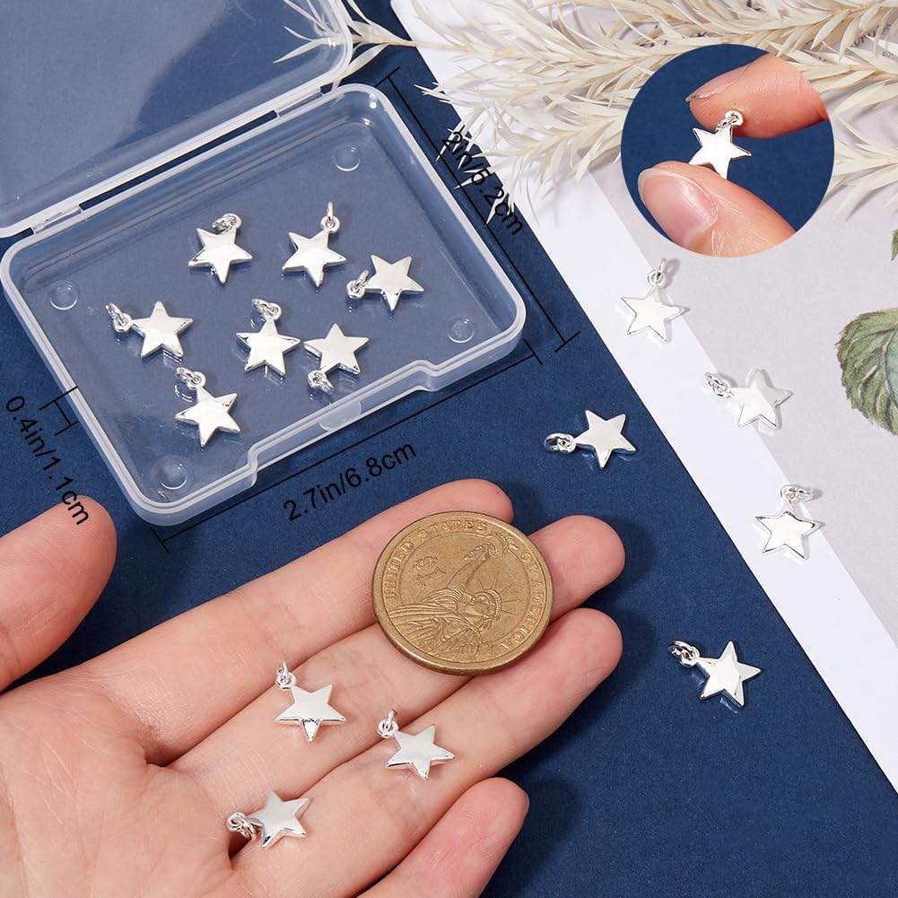 Beebeecraft 1 Box 20Pcs 925 Sterling Silver Plated Star Charms Metal Pentagram Five-Pointed Dangle Pendants Mini Stars Charms with Jump Rings for Jewelry Making Necklaces Earrings Gifts DIY Crafts, 10x11mm