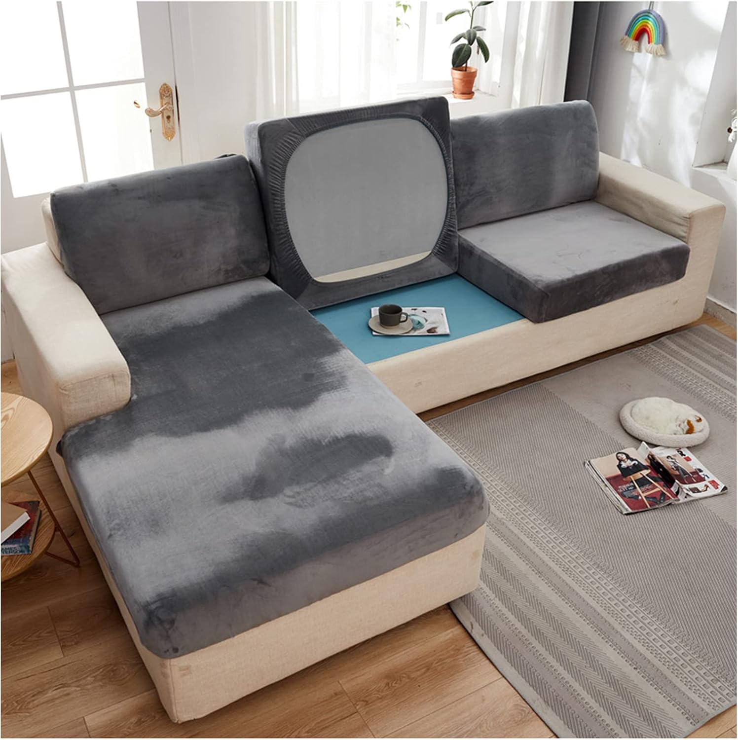 Velvet Couch Cushion Cover for L Shaped Sofa Chaise Longue, Stretch Seat Cushion Cover Sofa Slipcover for 1 2 3 Cushion Couch Soft Furniture Protector