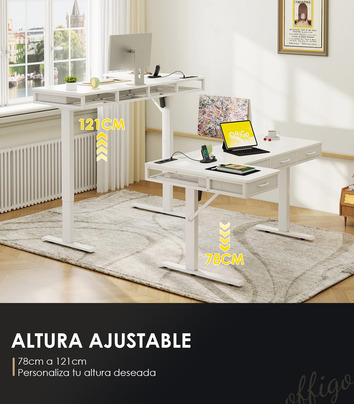 OffiGo Escritorio Elevable Esquinero con 4 Cajones, 140 x 80 cm, Blanco