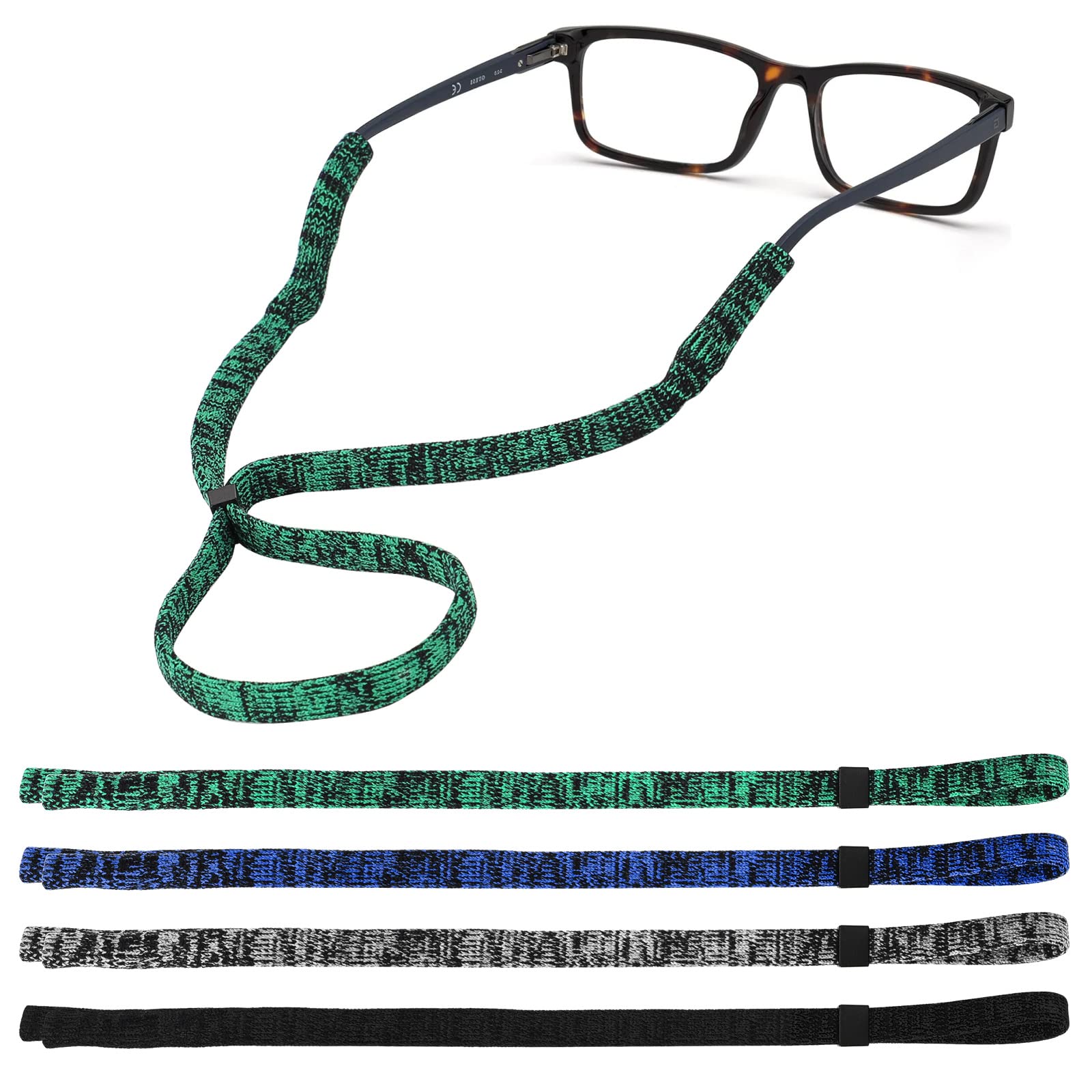 4 Elástico Gafas Deporte, Ajustable Glasses Chain Strap de Gafas, Cordón elástico para gafas de sol y gafas deportivas para Hombres y Mujeres (Negro/gris/verde/azul)
